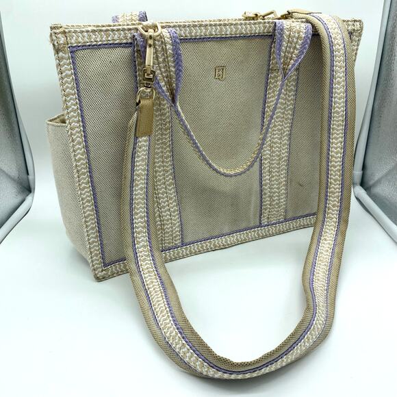 Eric Javits New York Lil Côte d’Azur Beige Purple Tote Bag Canvas Shoulder Bag - Picture 2 of 14